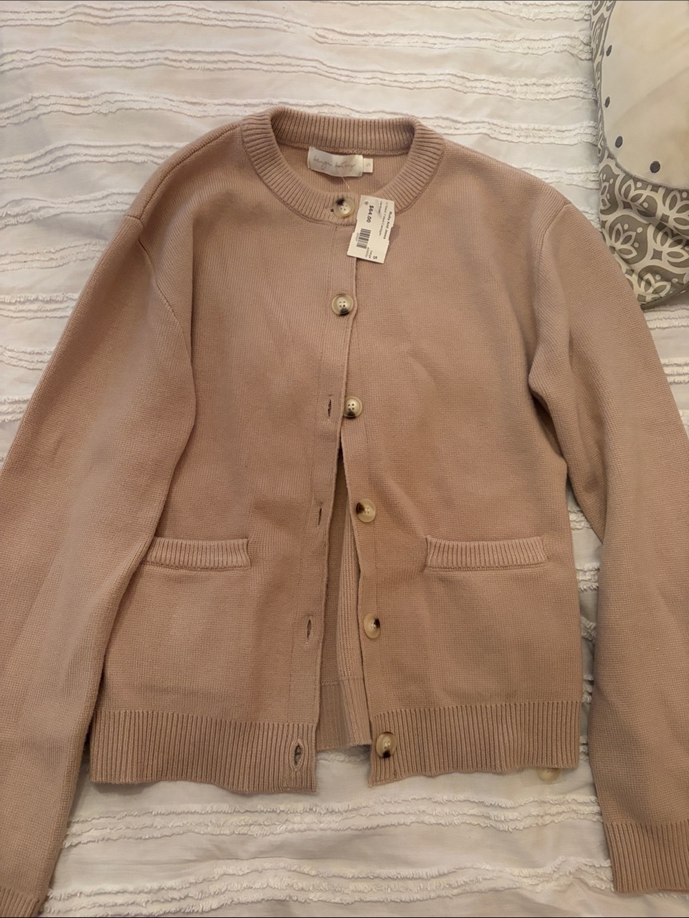 NWT Classic Crewneck Button-Front Sweater Cardigan - beige